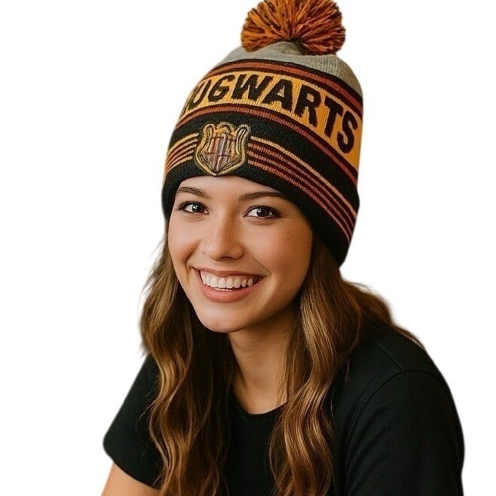 Harry Potter Hogwarts Crest Logo Spell Out Knit Cuff Pom Beanie Hat Cap